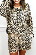 Brown Leopard Print Contrast Trim Long Sleeve Pullover Drawstring Shorts 2pcs Outfit