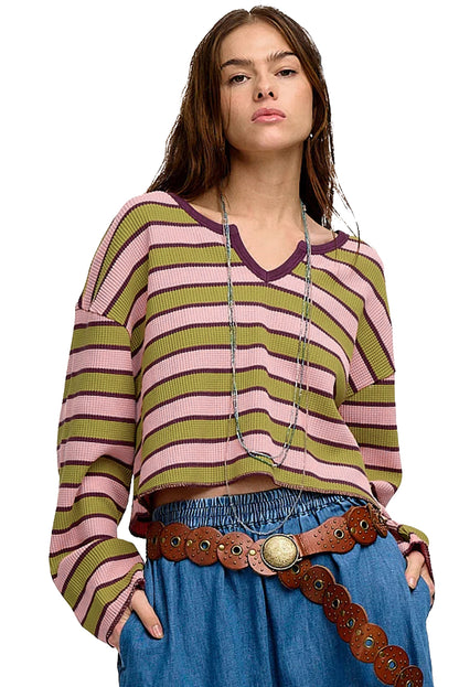 Spinach Green Clashing Stripes Waffle Texture Notched Neck Long Sleeve Top