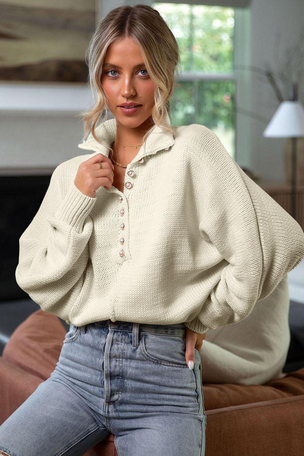 Beige Pearl Button Stand Collar Dolman Sleeve Sweater - L & M Kee, LLC
