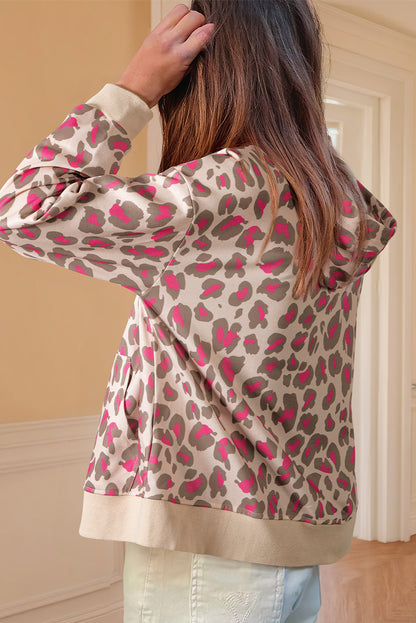 Rose Leopard Print Zip-up Hooded Sweatshirt