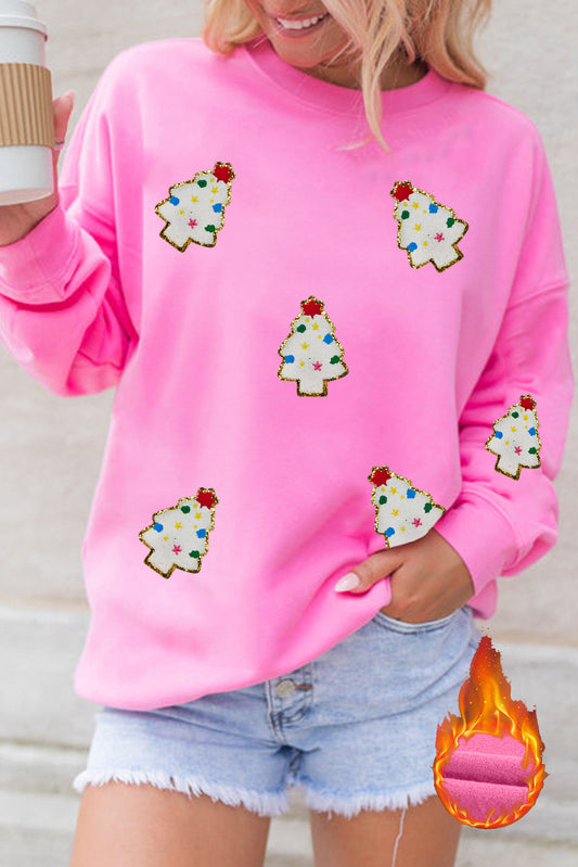 Bonbon Christmas Tree Patch Pattern Crew Neck Sweatshirt