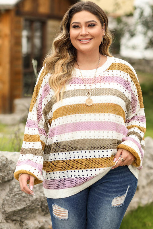 Multicolor Plus Size Striped Hollowed Knitted Loose Sweater - L & M Kee, LLC