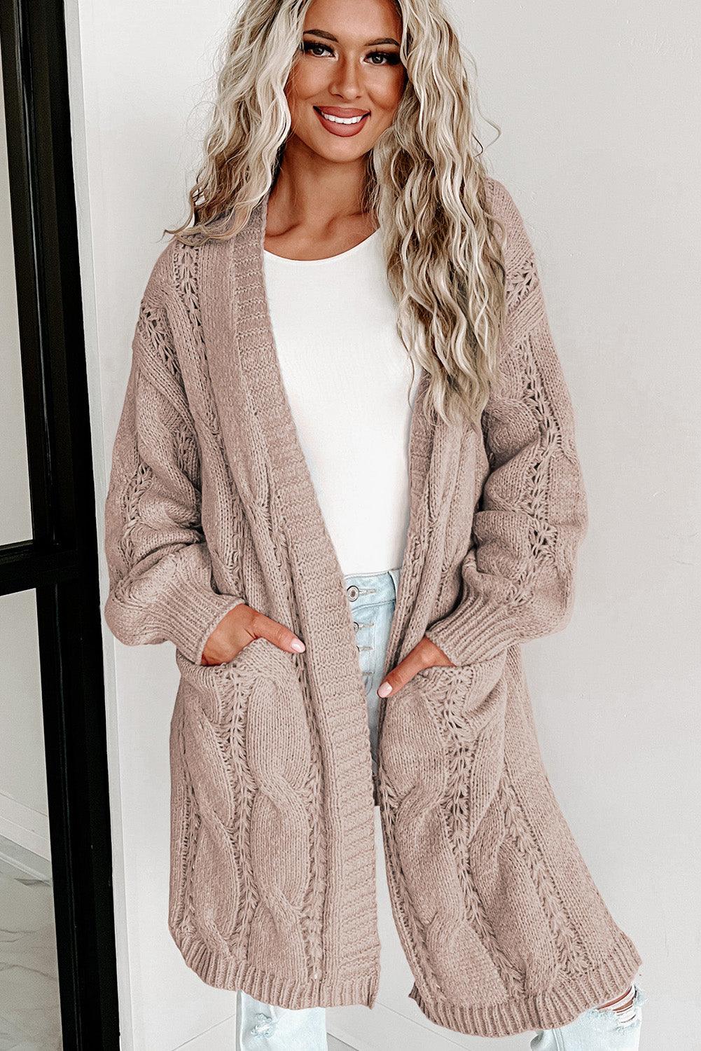 Apricot Ribbed Trim Eyelet Cable Knit Cardigan - L & M Kee, LLC