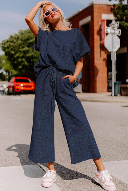 Navy Blue Textured Loose Fit T Shirt and Drawstring Pants Set - L & M Kee, LLC