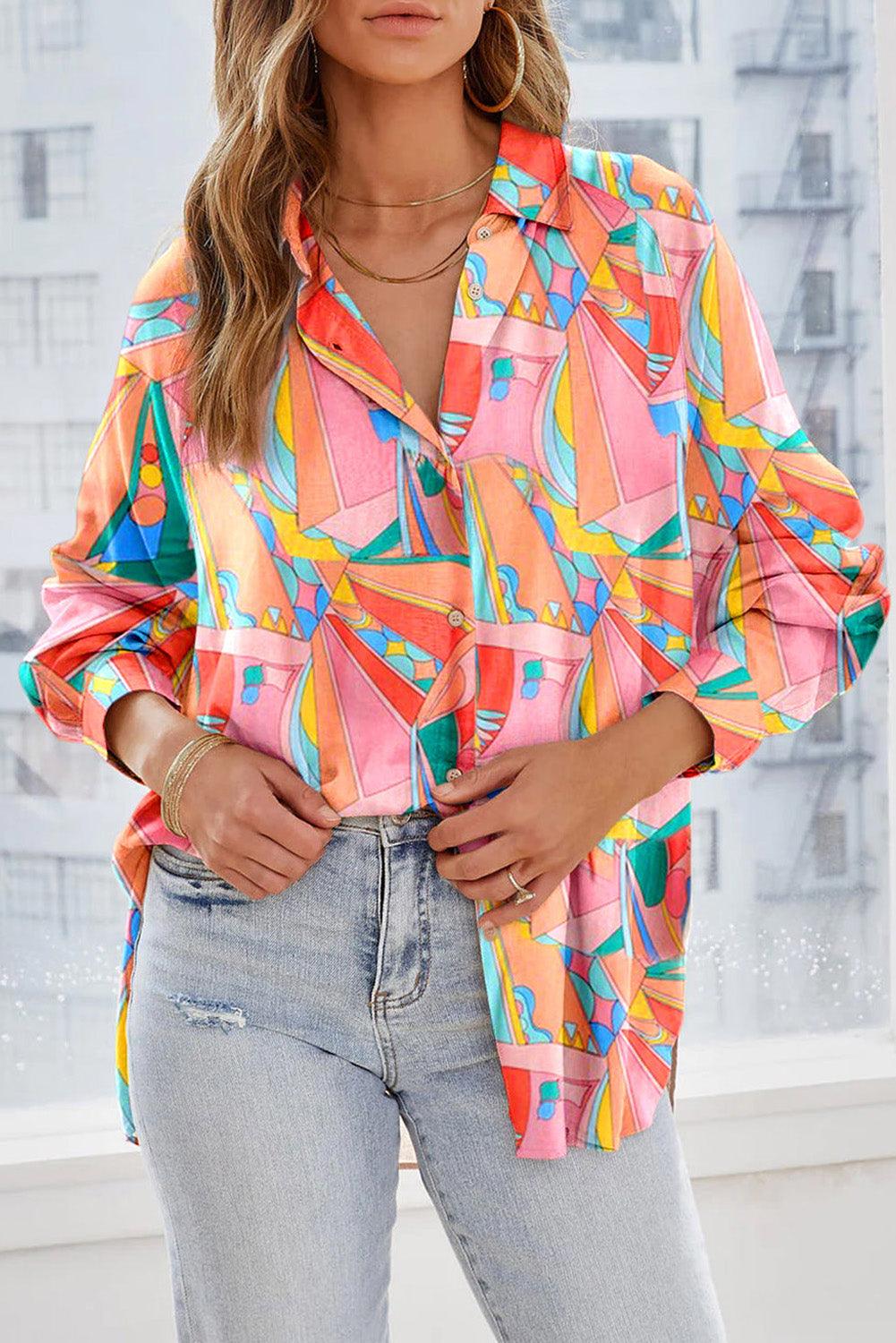 Multicolor Geometric Abstract Print Long Sleeve Shirt Dress - L & M Kee, LLC