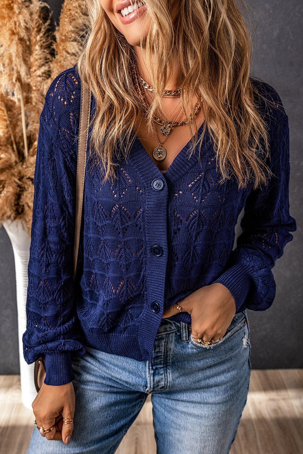 Blue Lightweight Buttoned Front Crochet Cardigan - L & M Kee, LLC