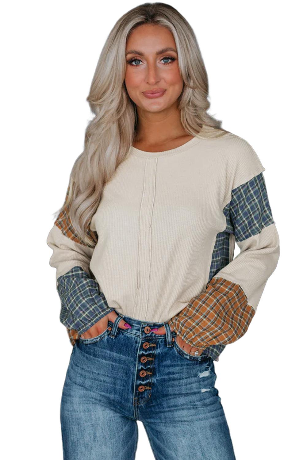 Smoke Gray Plaid Patchwork Raw Seam Long Sleeve Top - L & M Kee, LLC