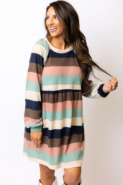 Multicolor Striped Color Block Long Sleeve Mini Dress - L & M Kee, LLC