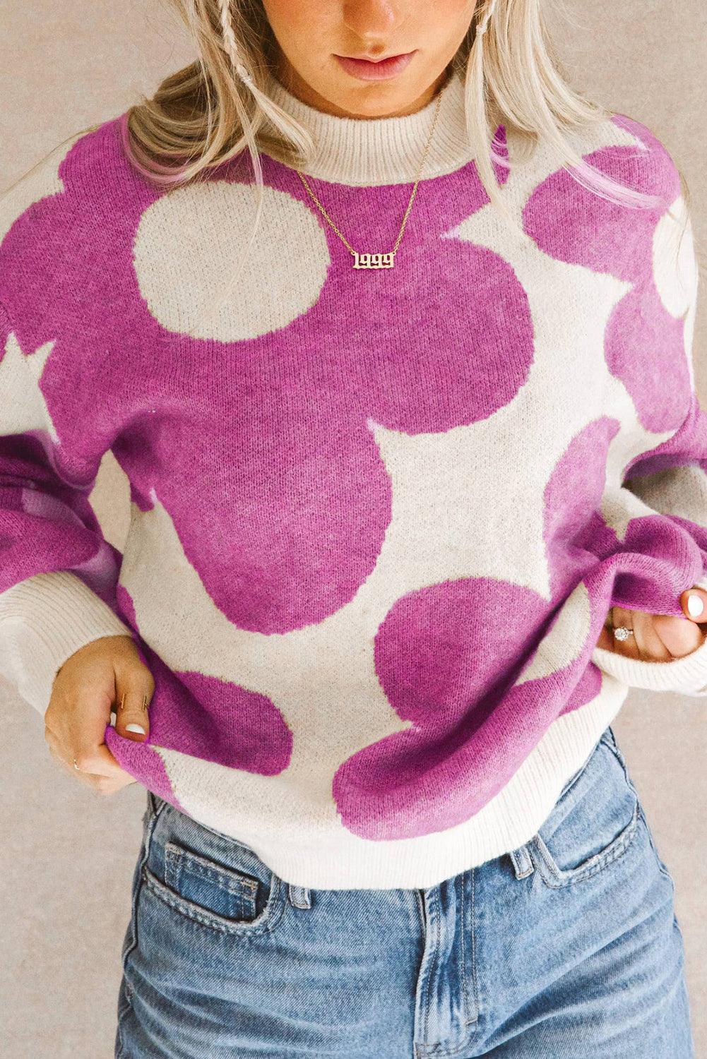 Bright Pink Big Flower Pattern Drop Shoulder Sweater - L & M Kee, LLC