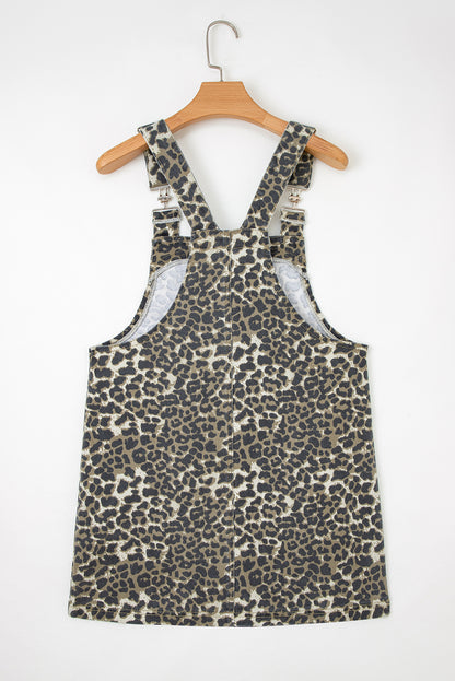 Gray Leopard Print Pocketed Loose Fit Denim Overall Dress