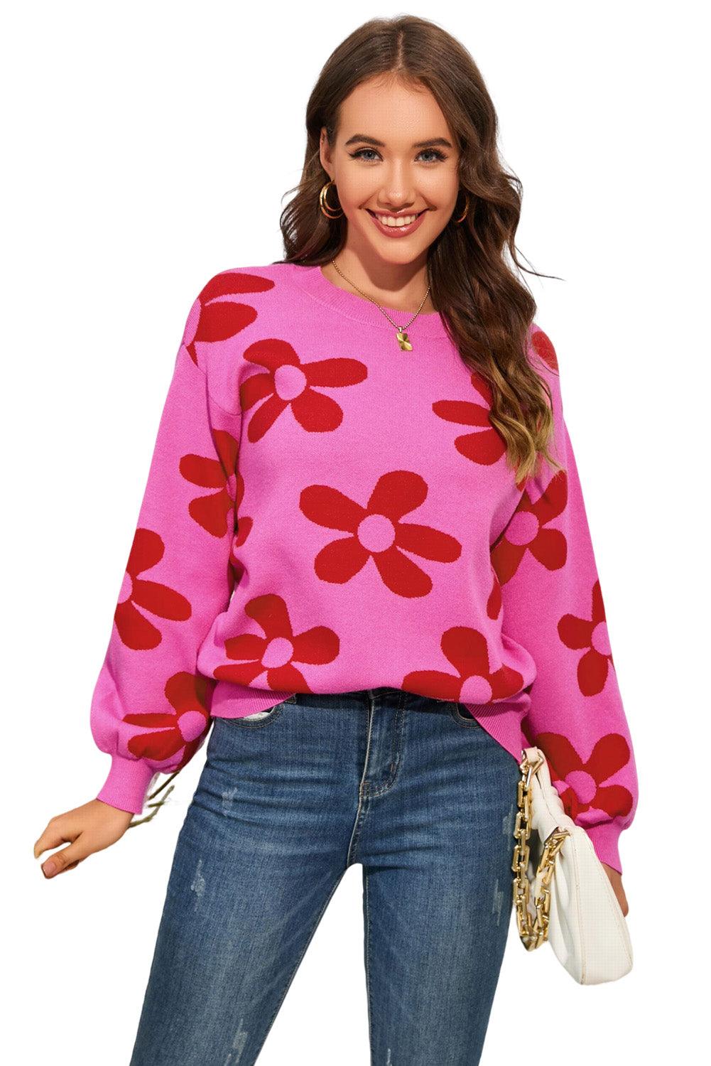 Rose Big Flower Knit Ribbed Trim Sweater - L & M Kee, LLC