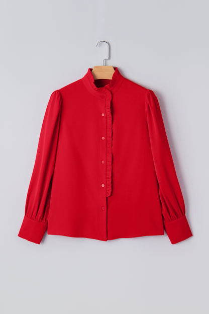 Fiery Red Frilled Trim Button Up Pleated Long Sleeve Shirt