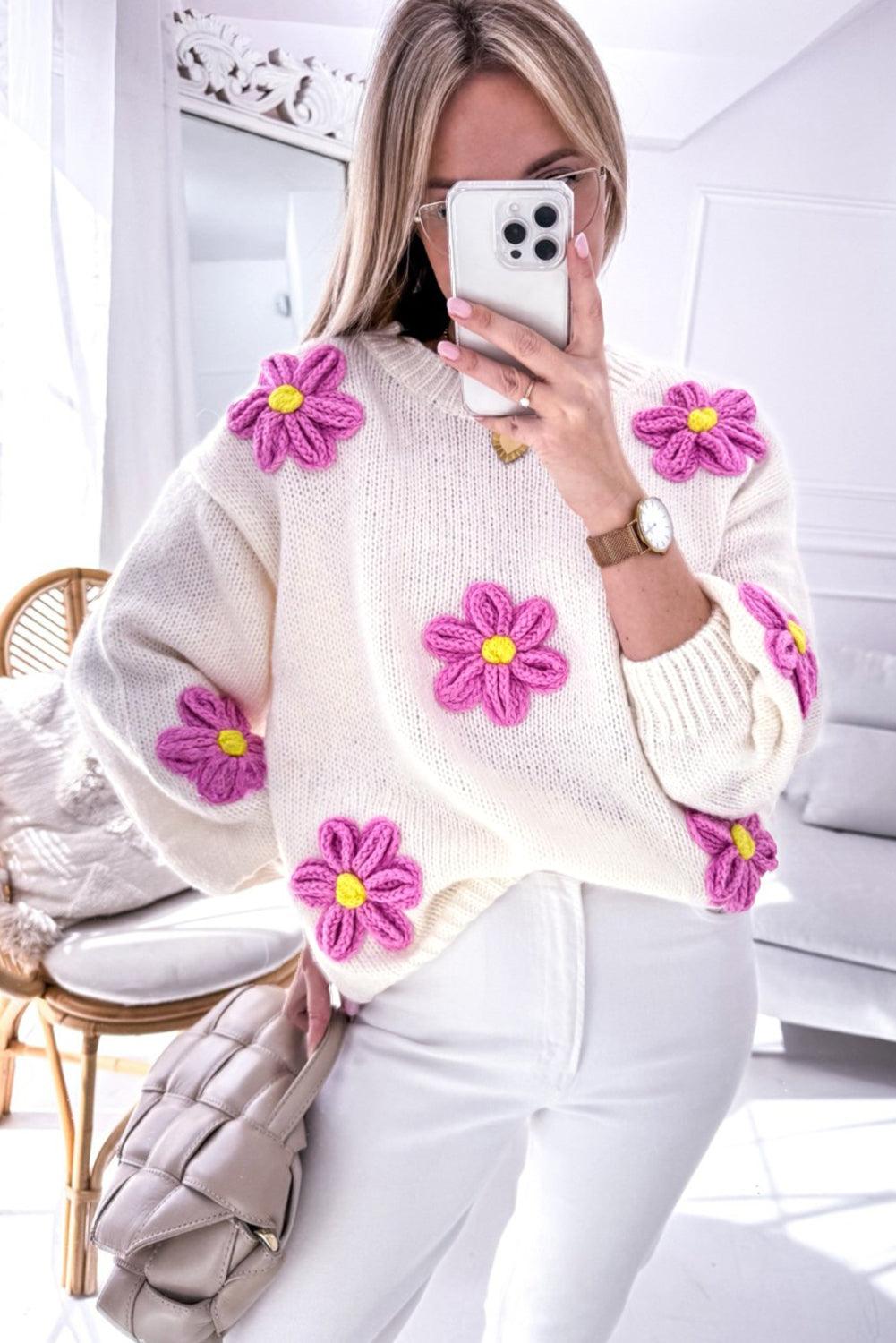 White Floral Crochet Chunky Knit Sweater - L & M Kee, LLC