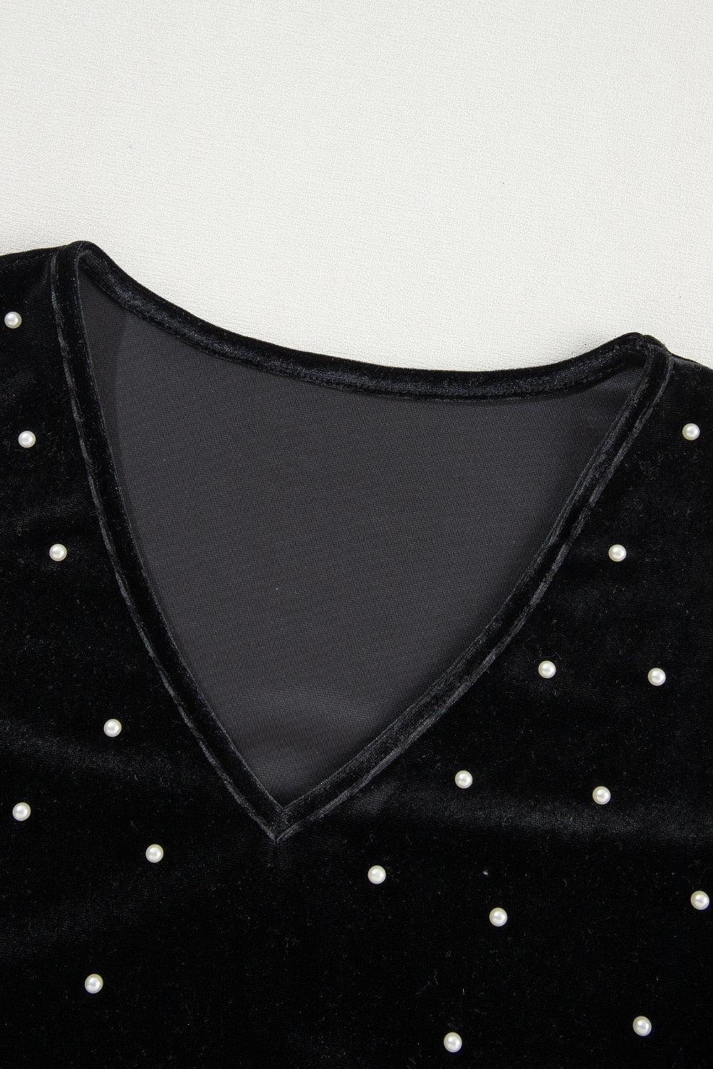 Black Velvet Beaded Long Sleeve V Neck Bodysuit - L & M Kee, LLC