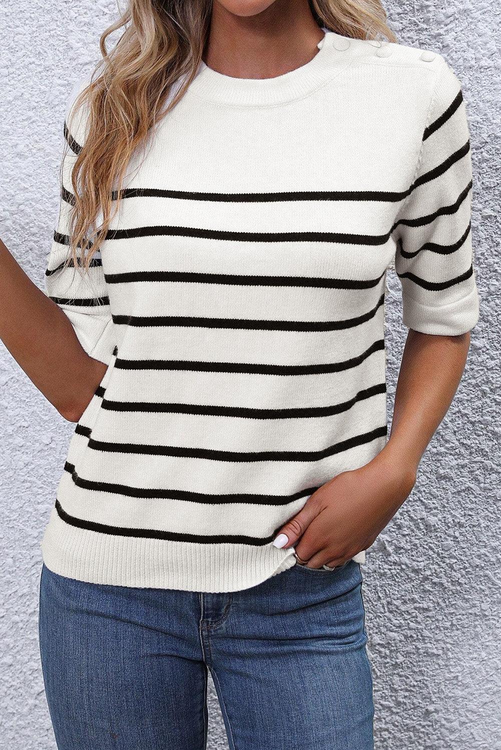 White Stripe Striped Half Sleeve Knitted Tee - L & M Kee, LLC