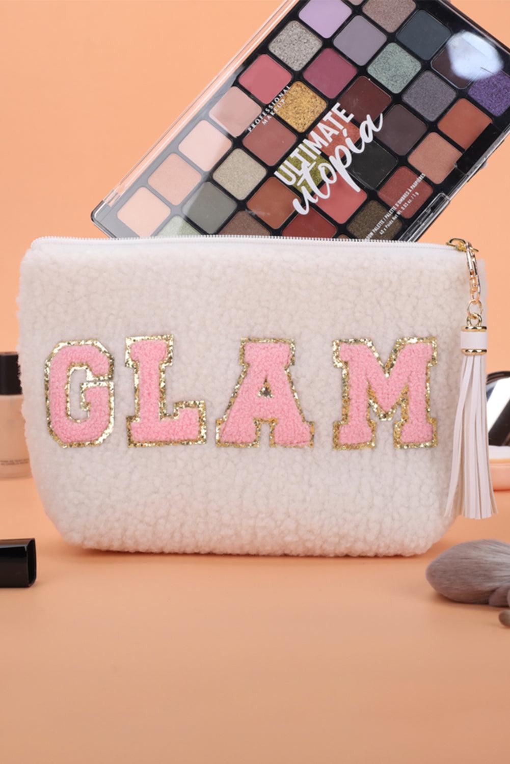 White Sparkle Letter Pattern Tassel Zipper Makeup Bag - L & M Kee, LLC