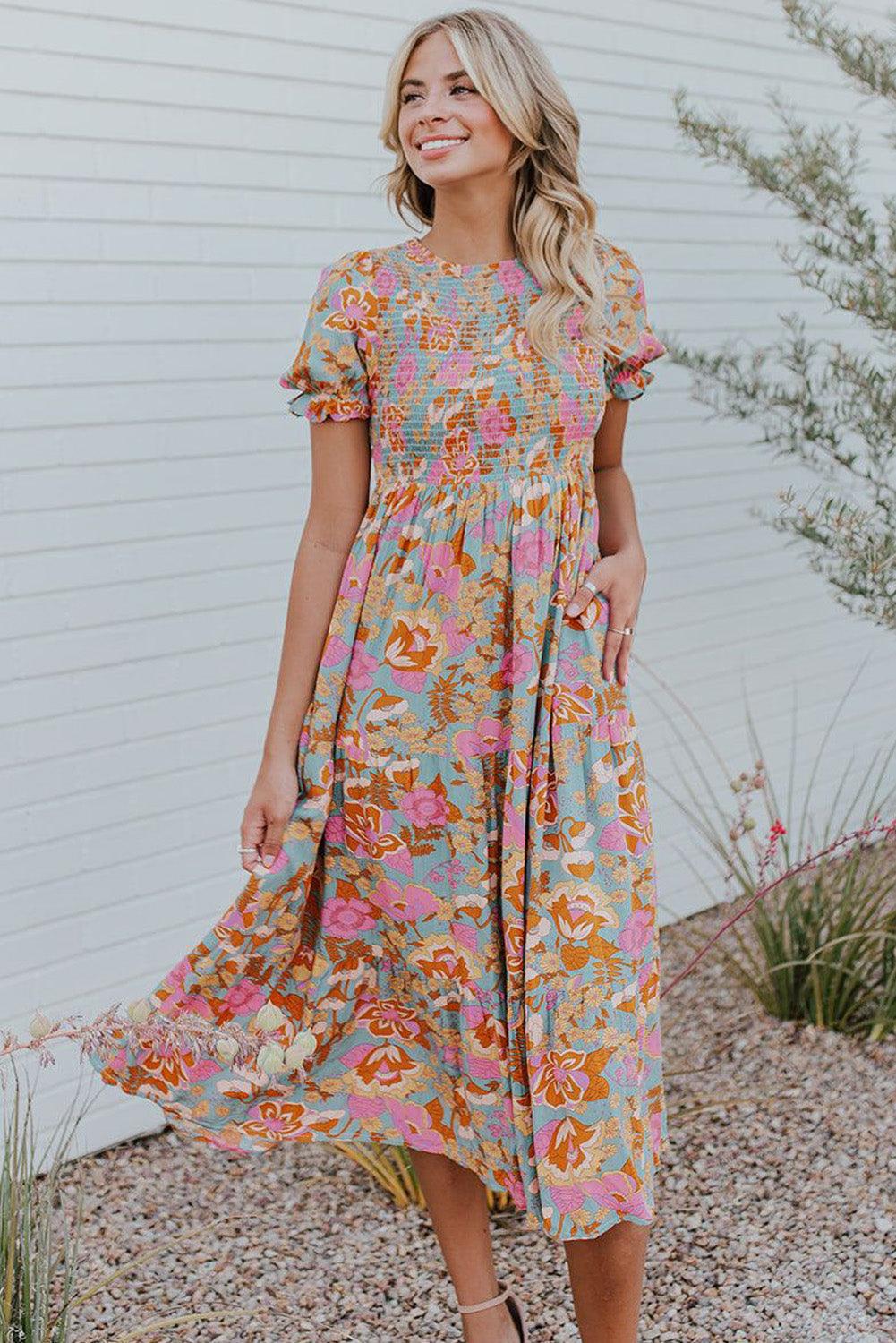 Boho Wide Sleeve Smocked Waist Floral Dress - L & M Kee, LLC