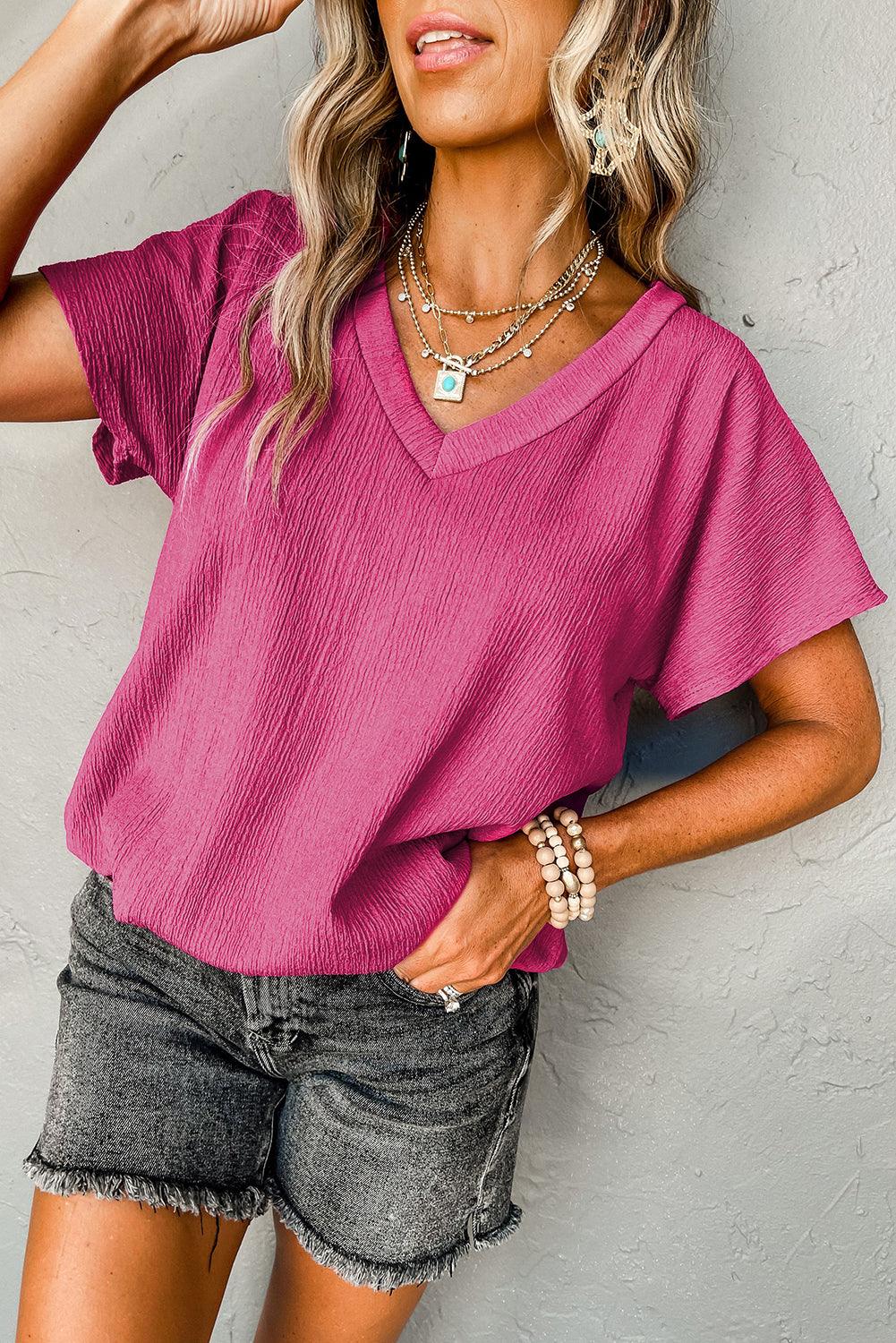 Black Crinkled V Neck Wide Sleeve T-shirt - L & M Kee, LLC