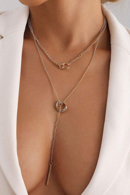 Gold Plated Double Layer O-Ring Long Stick Pendant Chain Necklace