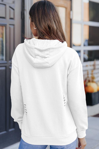 White Solid Ripped Hooded Sweatshirt with Kangaroo Pocket - L & M Kee, LLC