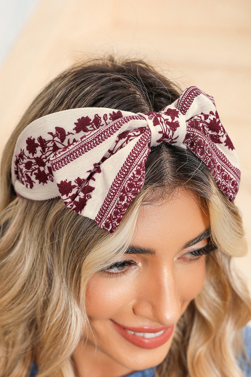 Coral Retro Floral Vine Printed Bow Knot Headband