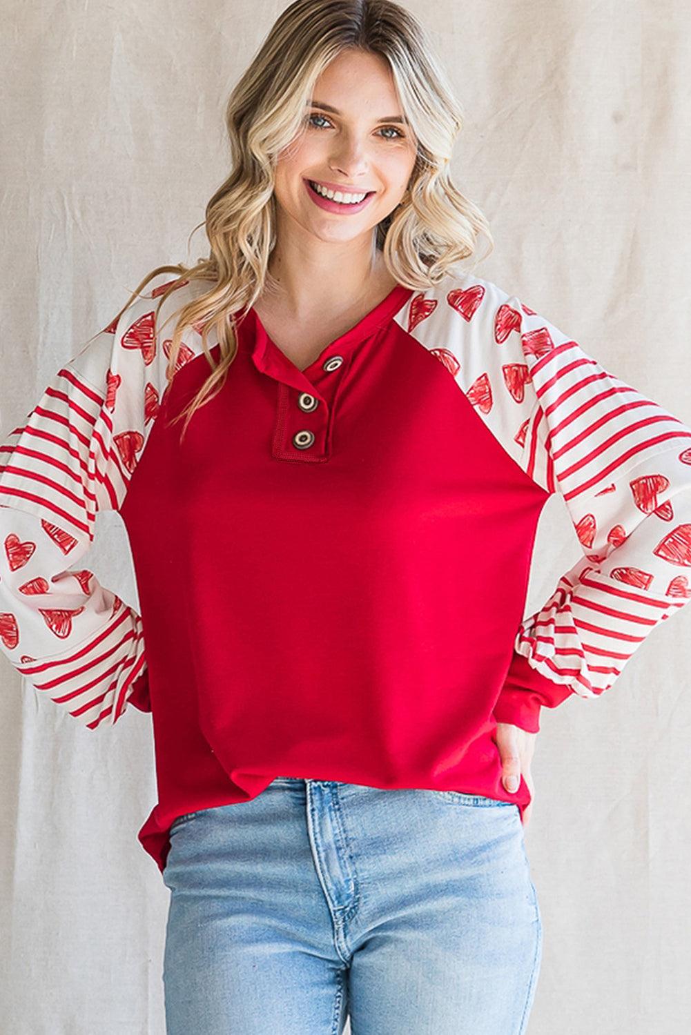 Fiery Red Heart Striped Raglan Sleeve Henley Top - L & M Kee, LLC