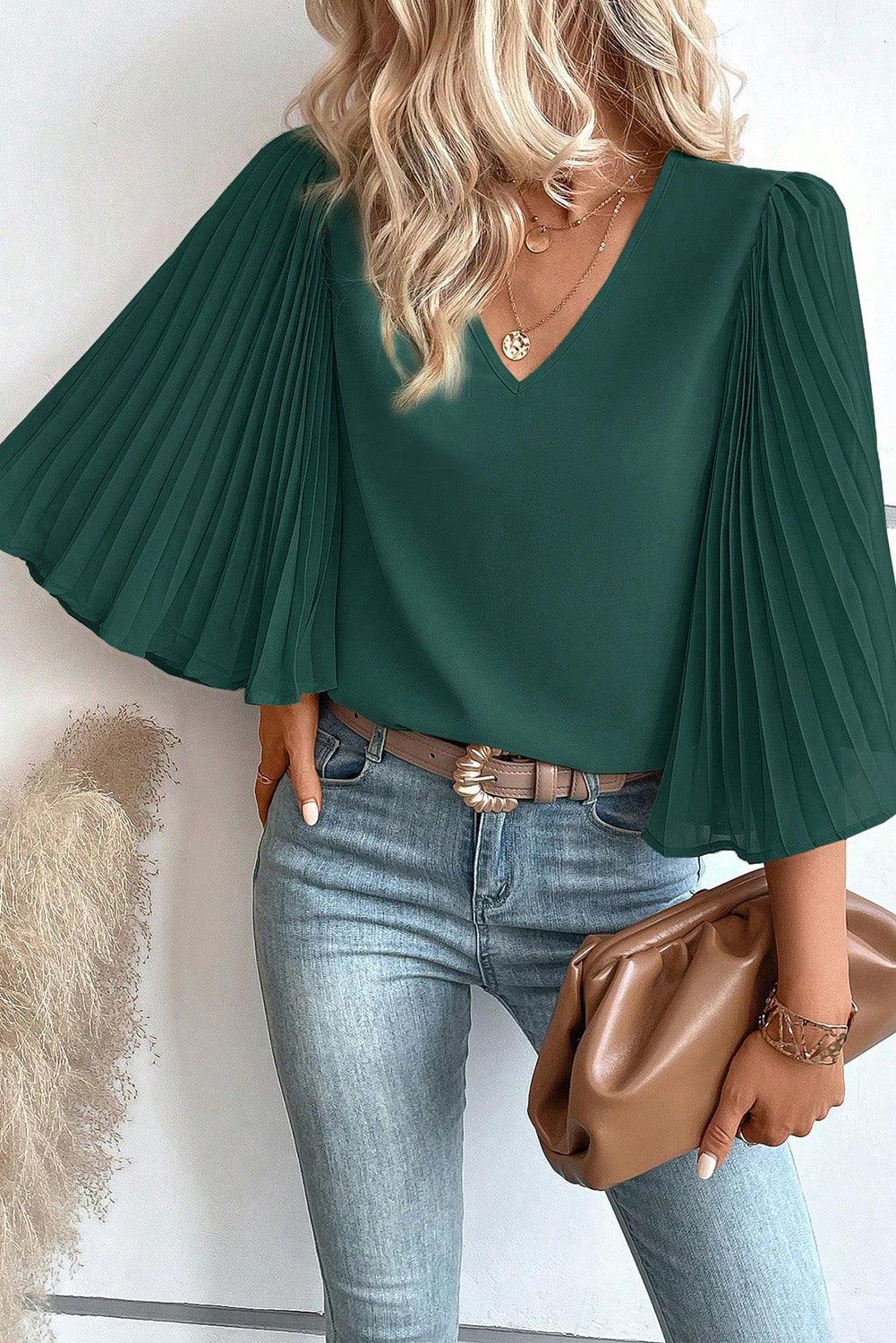 Blackish Green 3/4 Pleated Bell Sleeve V Neck Blouse - L & M Kee, LLC