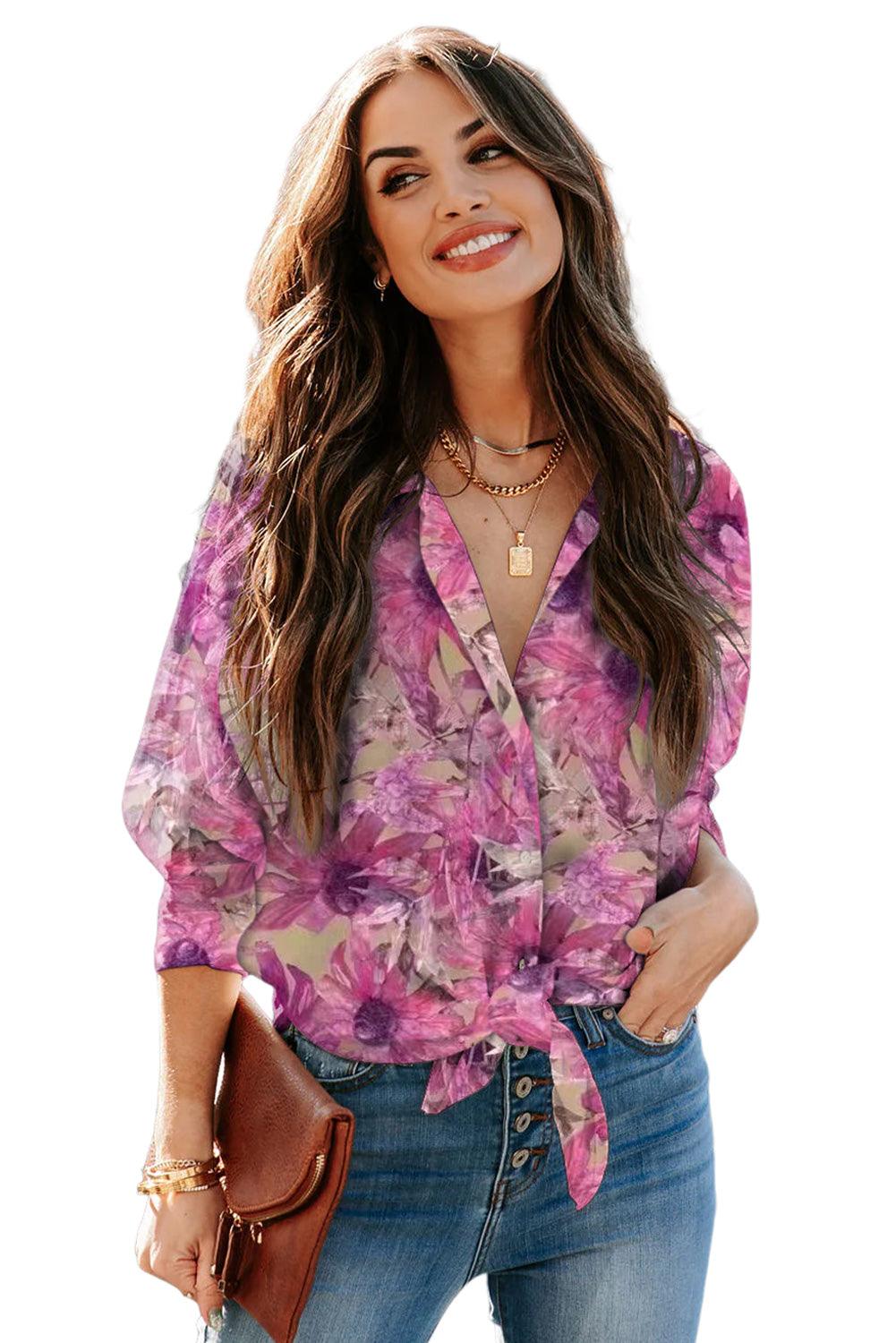 Floral Print Button Up Puff Sleeve Shirt - L & M Kee, LLC