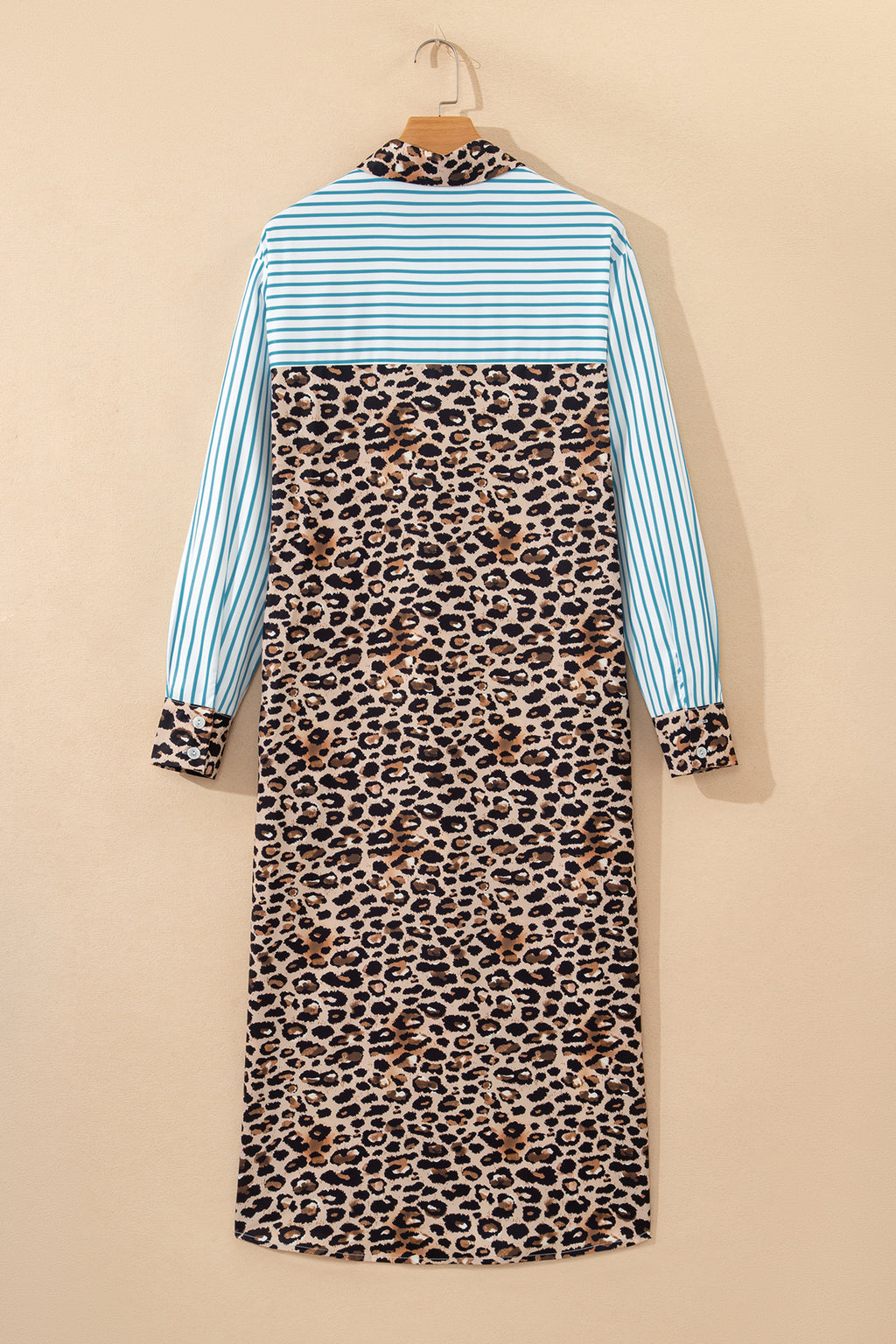 Sky Blue Stripe Contrast Leopard Patchwork Long Shirt Dress with Slits