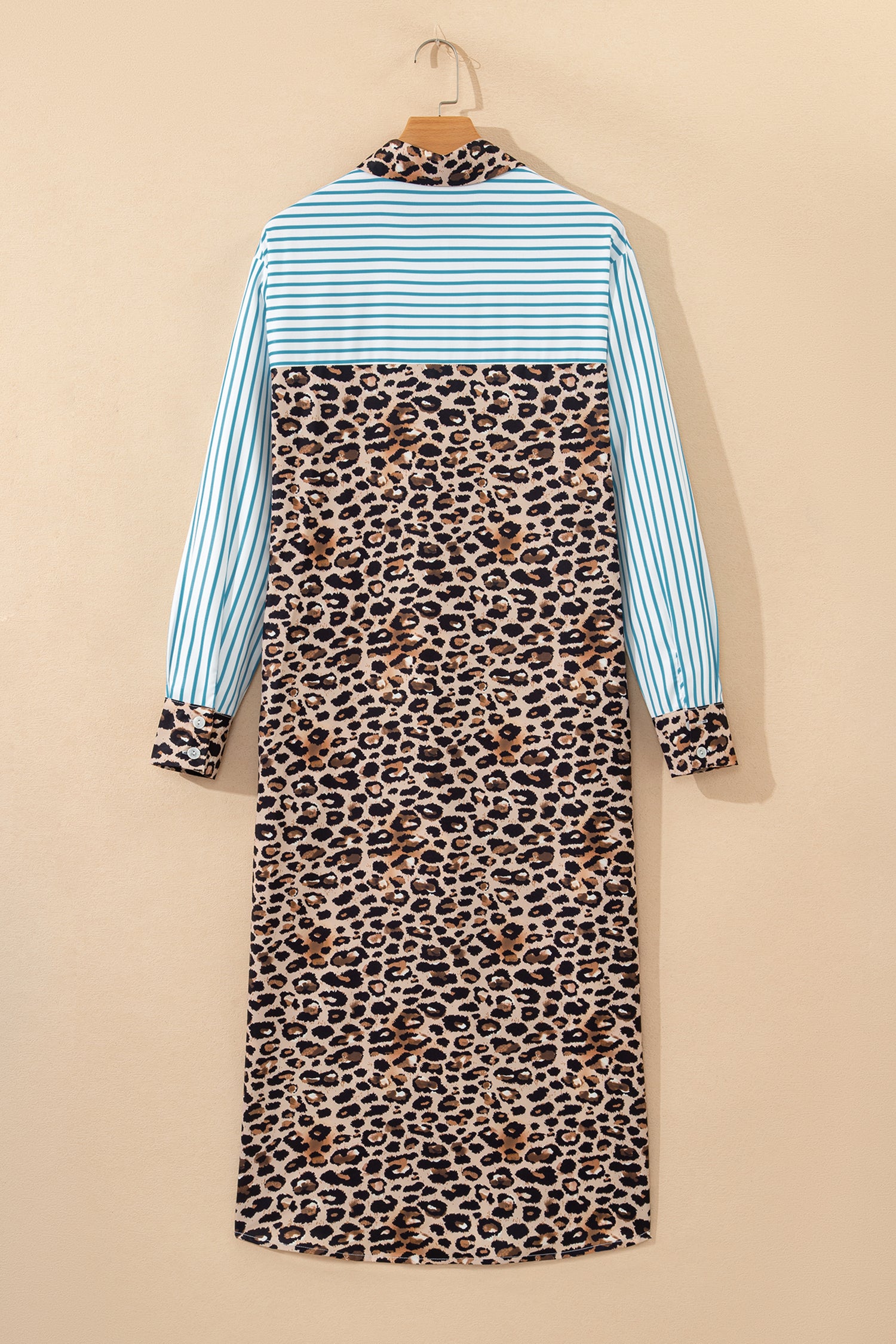 Sky Blue Stripe Contrast Leopard Patchwork Long Shirt Dress with Slits
