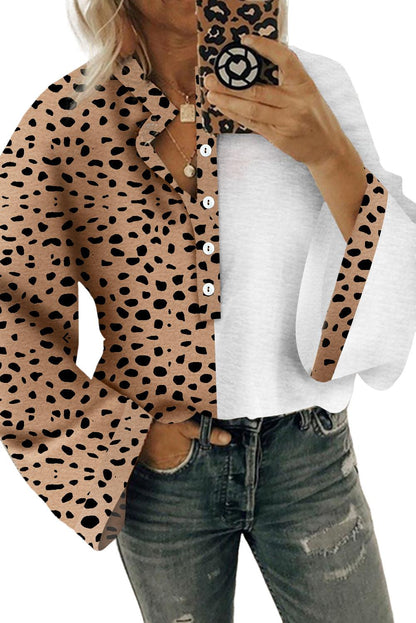 Khaki Leopard Contrast Half Button Casual Blouse - L & M Kee, LLC