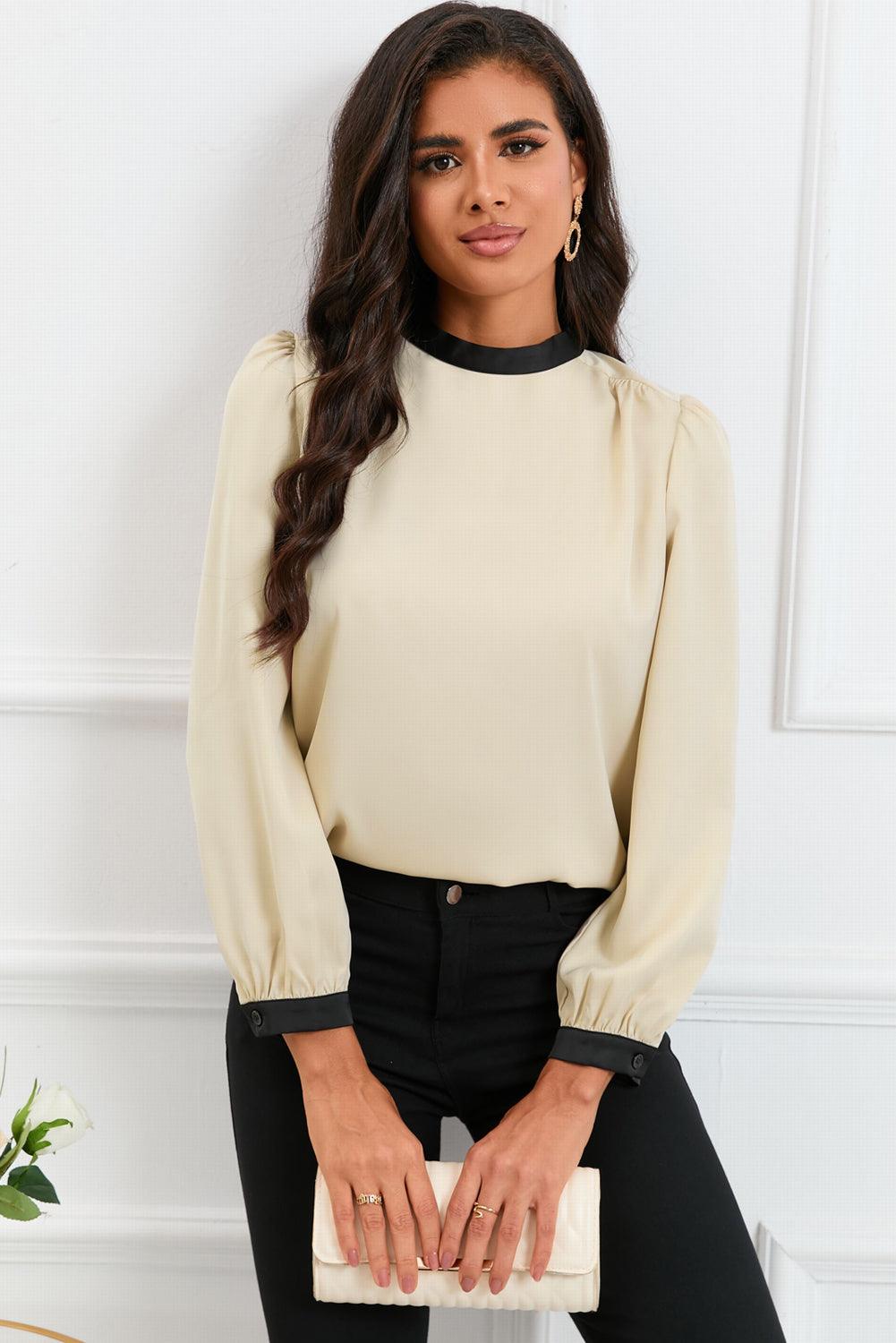 Color Block Bow Back Mock Neck Blouse - L & M Kee, LLC