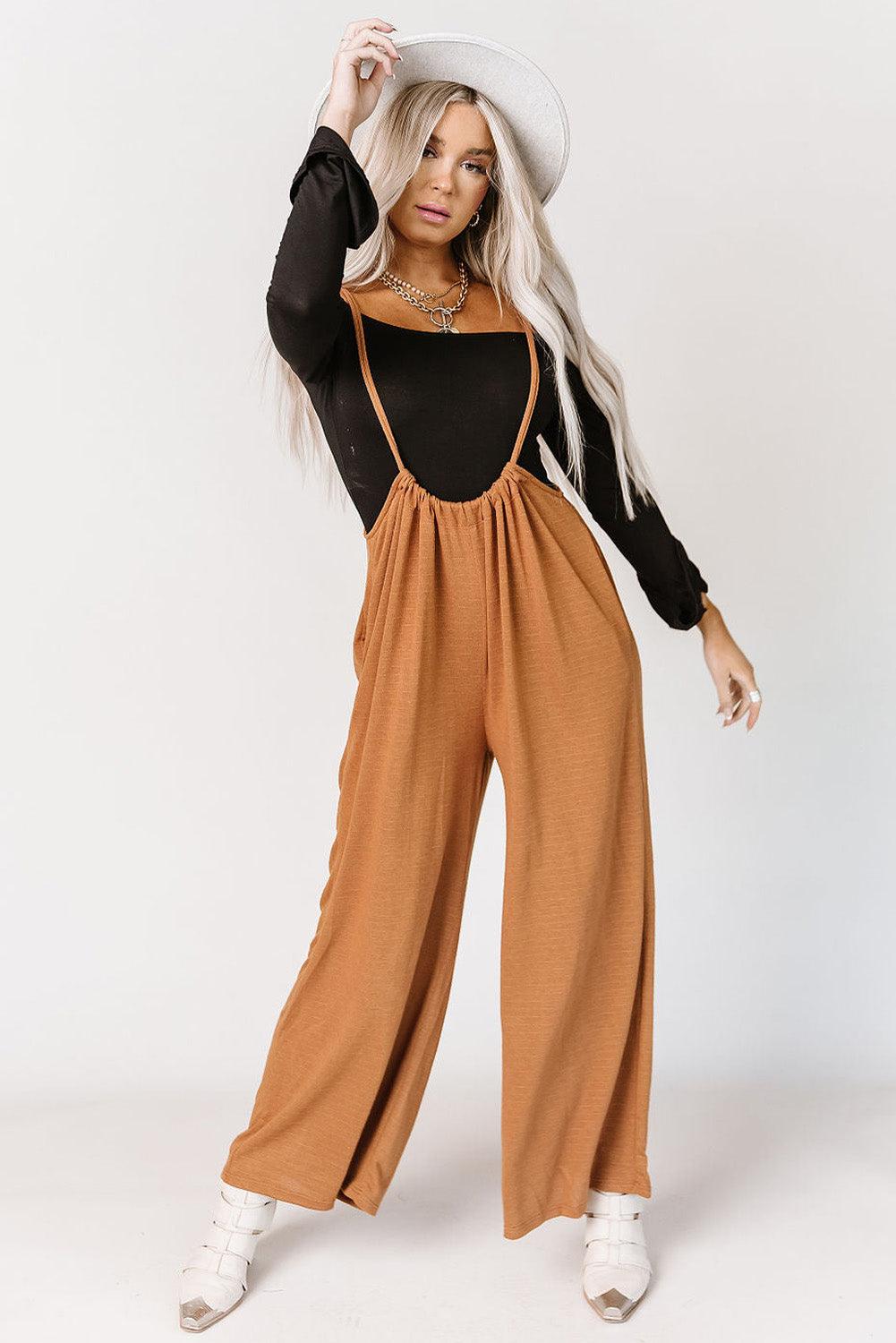 High Rise Wide Leg Suspender Pants - L & M Kee, LLC