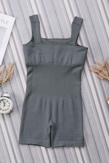 Gray Ribbed Square Neck Padded Sports Romper - L & M Kee, LLC