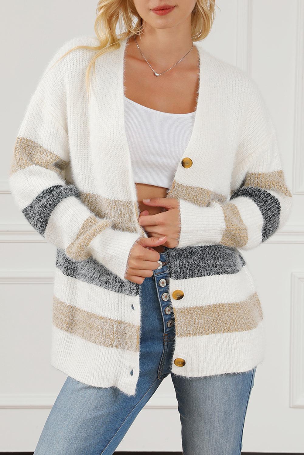 Multicolor Striped Print Fuzzy Cardigan - L & M Kee, LLC