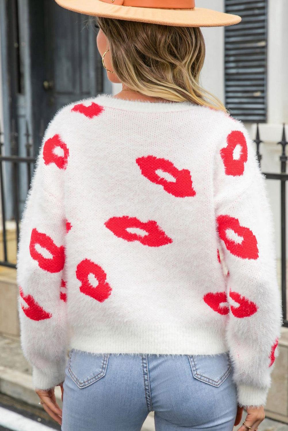 Bright Pink Valentine Kisses Fuzzy Sweater - L & M Kee, LLC