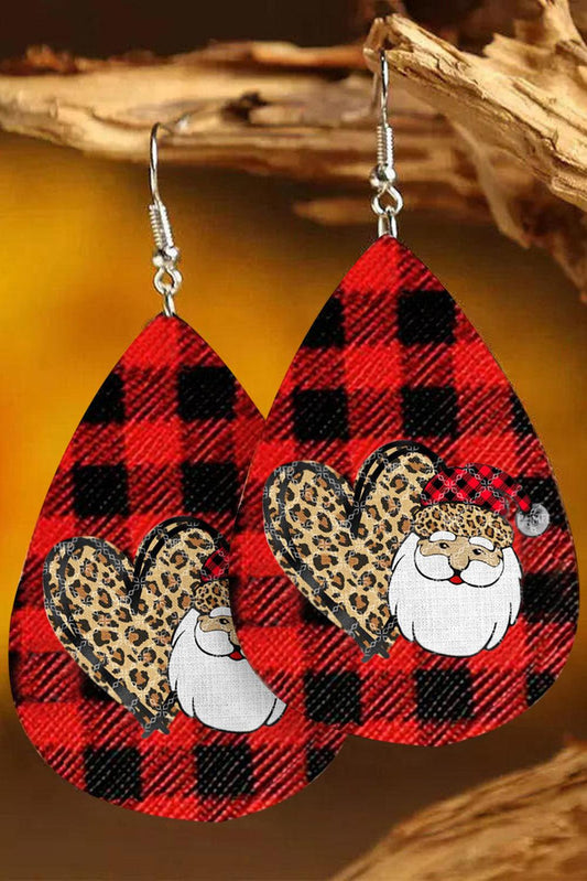 Fiery Red Christmas Leopard Heart Plaid Print Earrings - L & M Kee, LLC