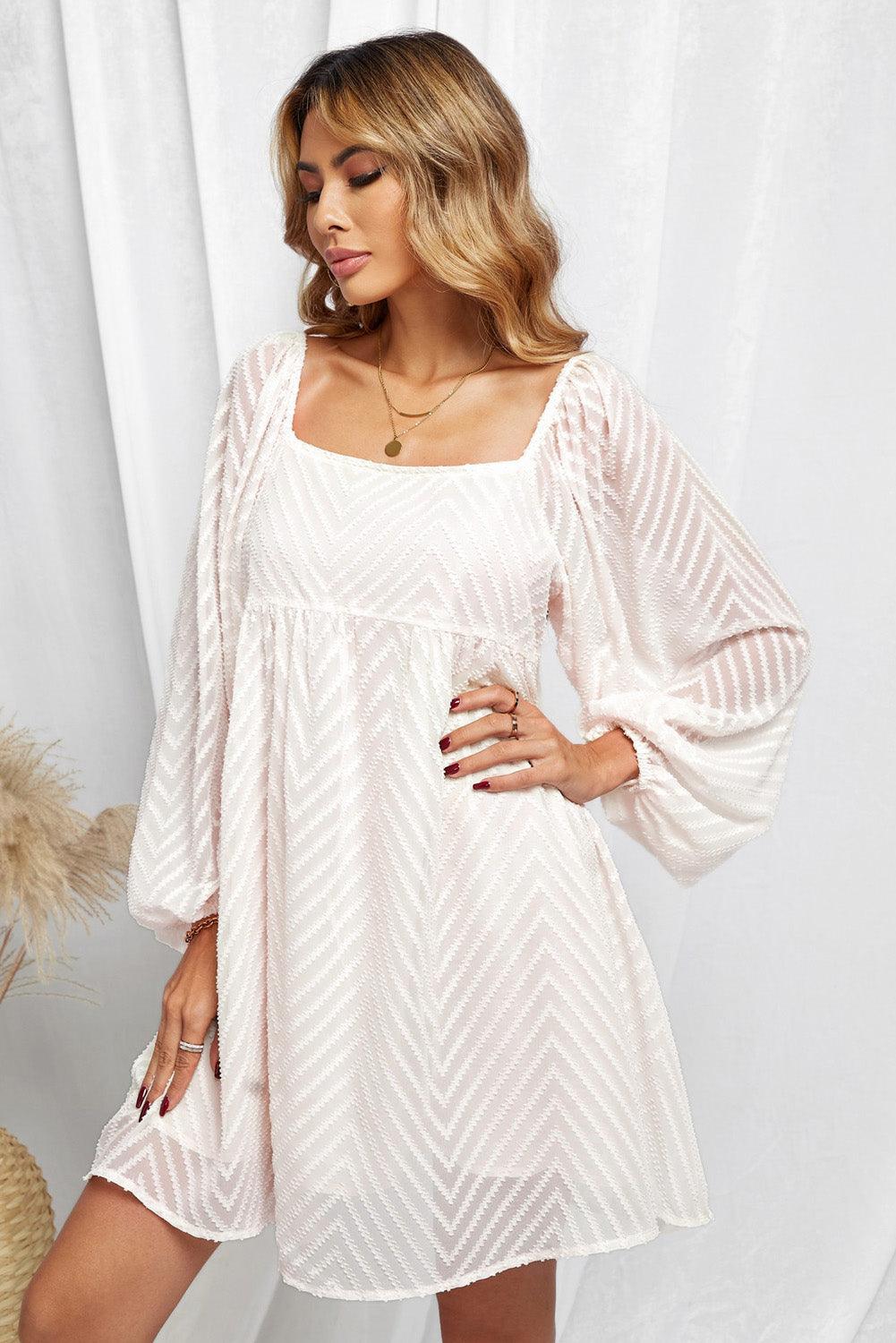 Square Neck Puff Sleeve Babydoll Style Short Dress - L & M Kee, LLC