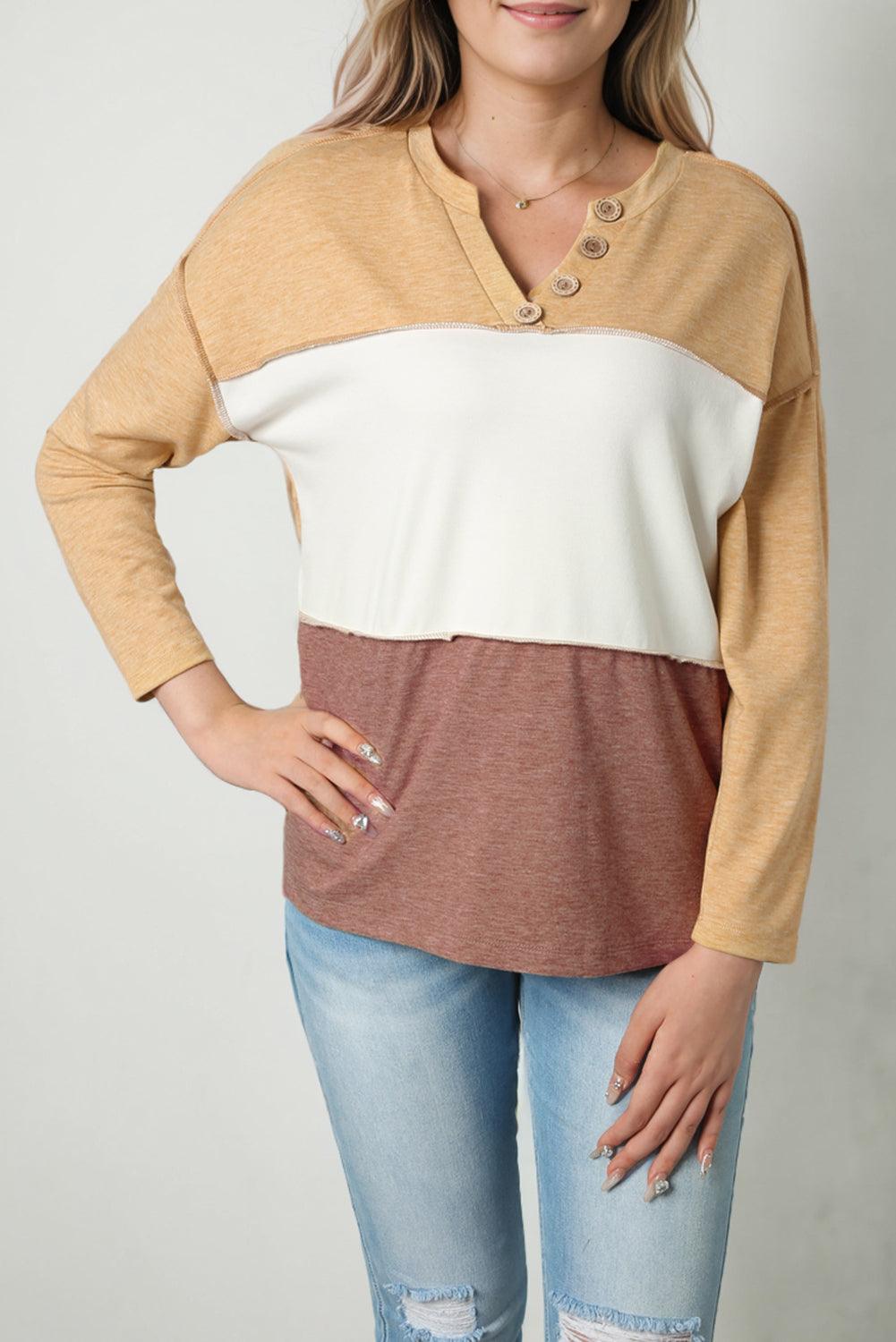 Multicolor Split V Neck Color Block Henley Top - L & M Kee, LLC