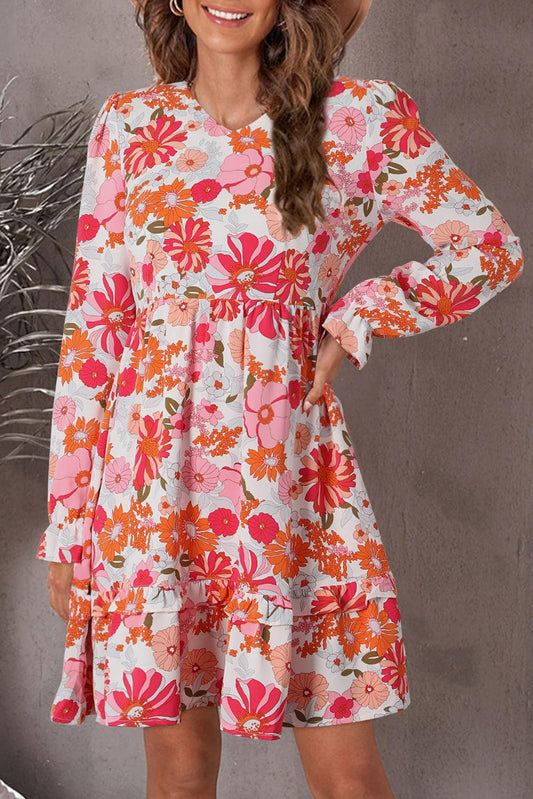 Multicolor Floral V Neck Long Sleeve Skater Dress - L & M Kee, LLC