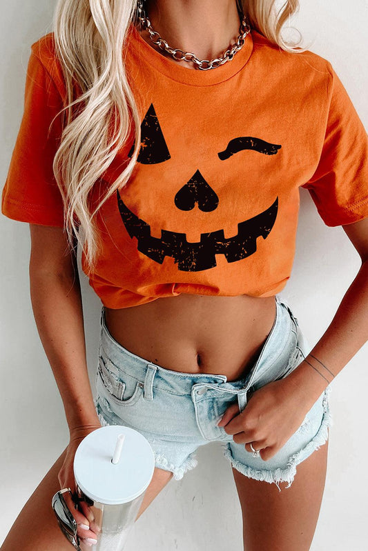 Orange Halloween Pumpkin Face Print Crew Neck T Shirt - L & M Kee, LLC
