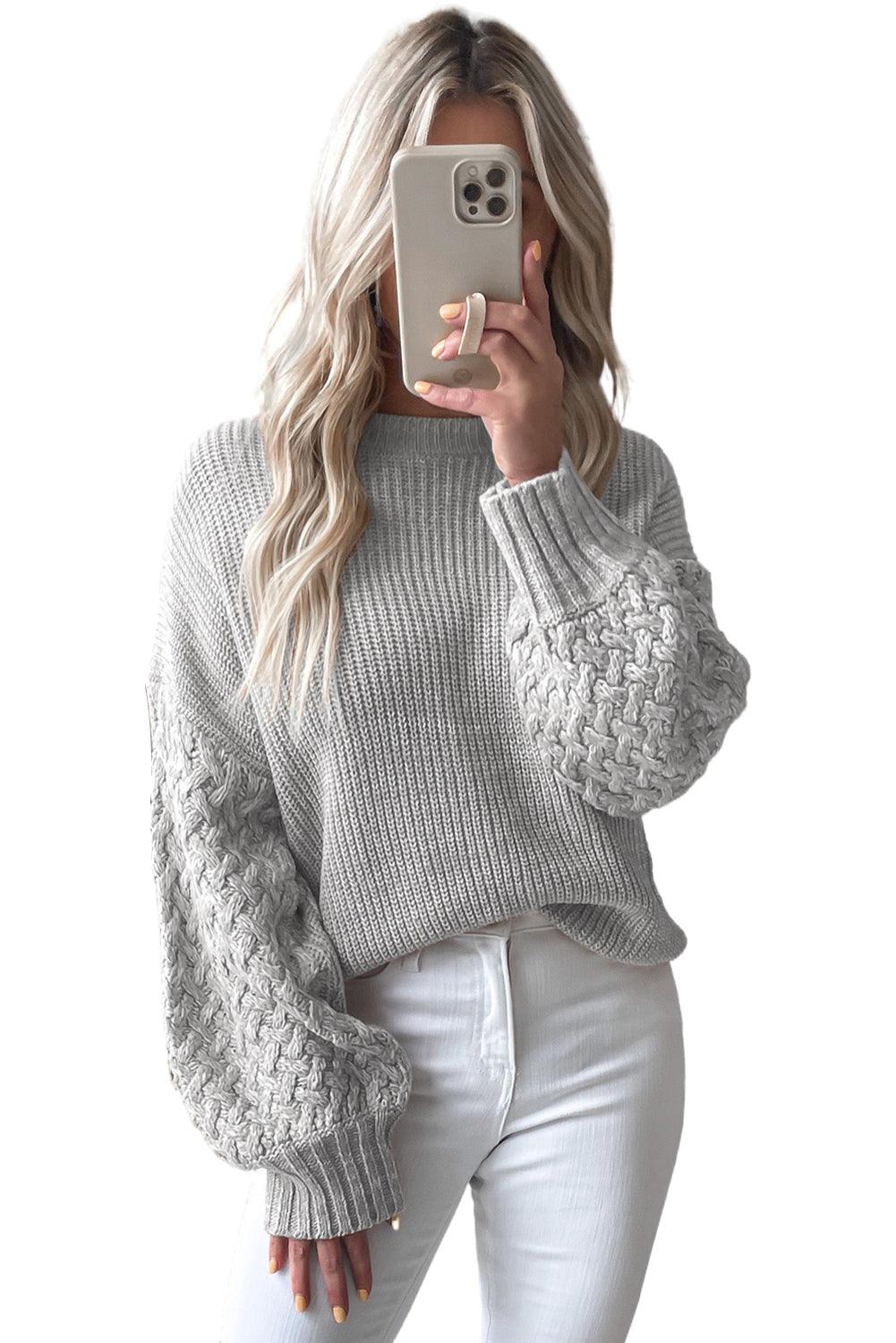 Parchment Cable Knit Sleeve Drop Shoulder Sweater - L & M Kee, LLC