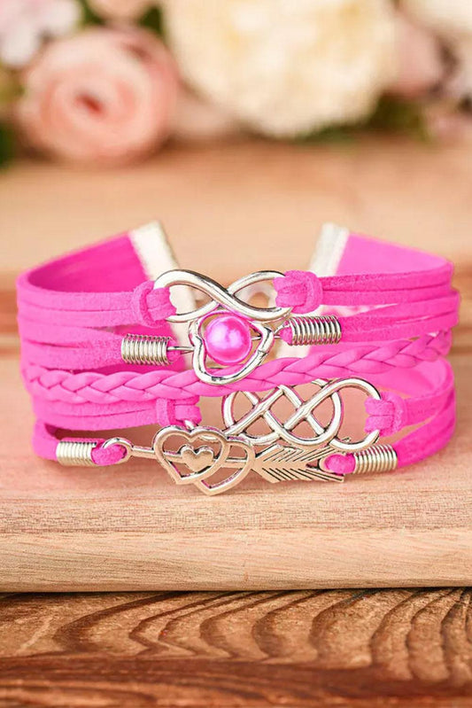 Rose Red Multi-layer Vintage Leather Heart Braided Infinity Bracelet - L & M Kee, LLC