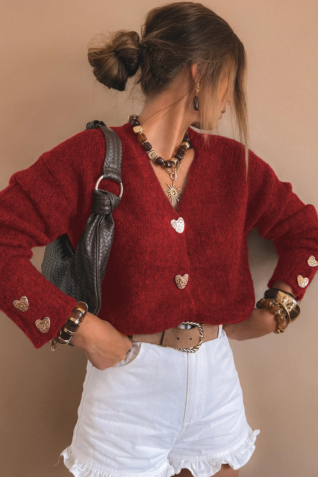 Fiery Red Heart Metal Button V Neck Cardigan Sweater
