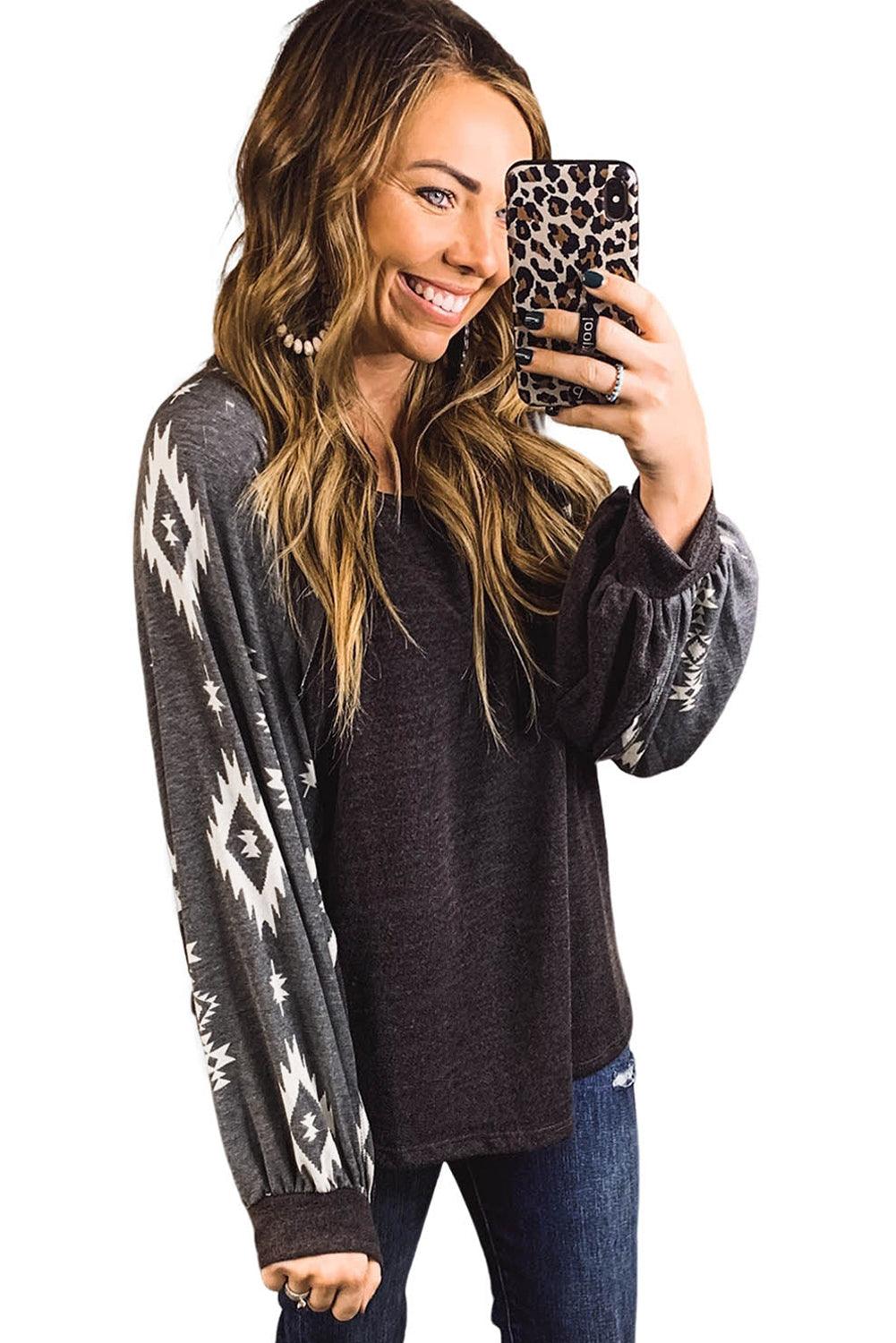 Apricot Western Print Patch Long Sleeve Top - L & M Kee, LLC