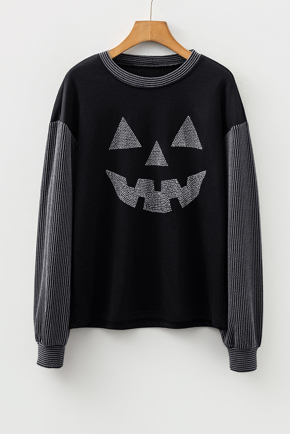 Black Halloween Rhinestone Pumpkin Face Contrast Ribbed Long Sleeve Patchwork Top