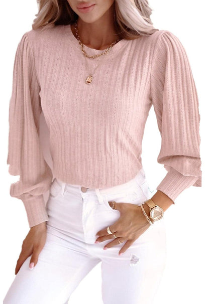 Pink Striped Texture Knitted Bishop Sleeve Top - L & M Kee, LLC