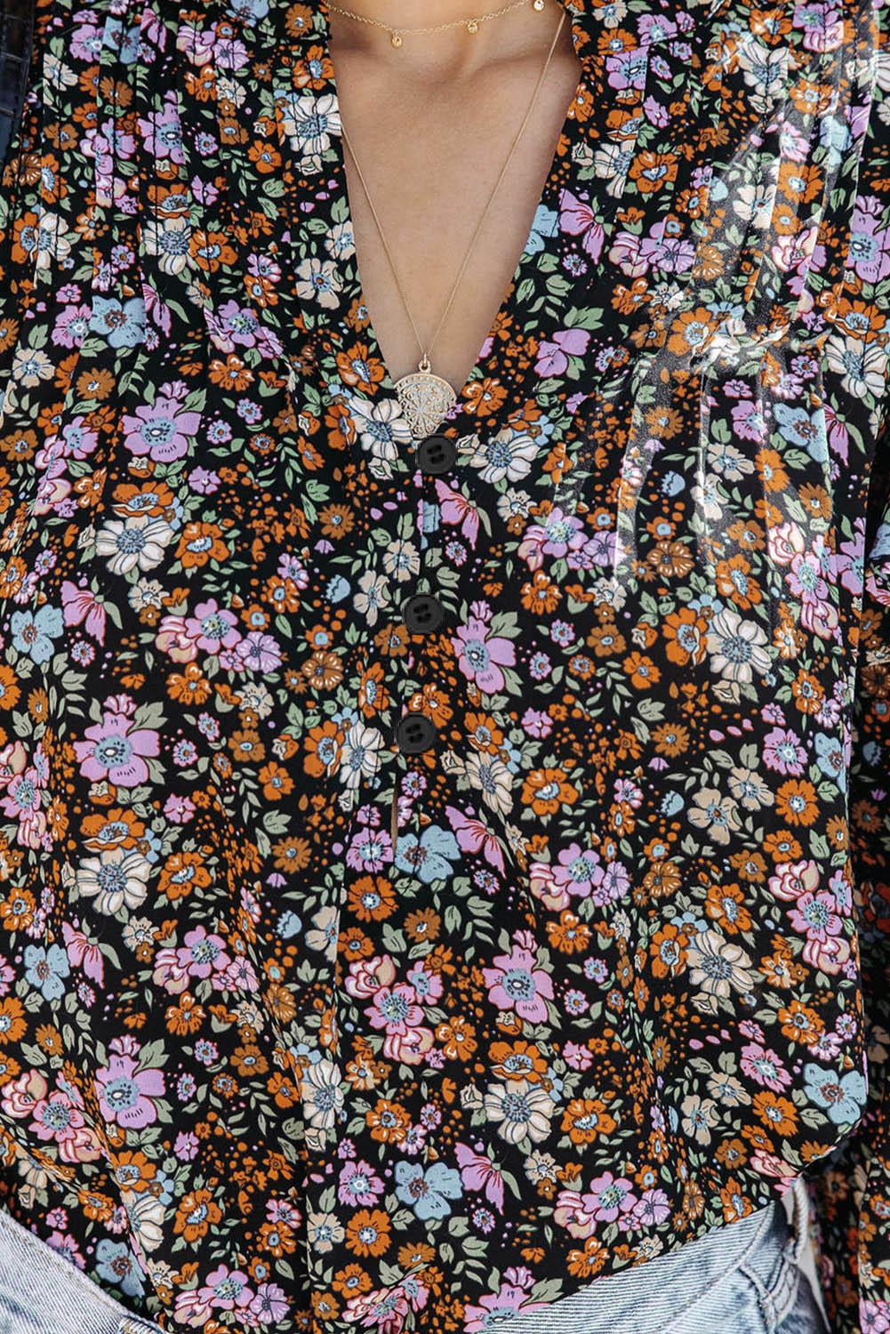 Floral Print Ruffled Bubble Sleeve Shirt - L & M Kee, LLC