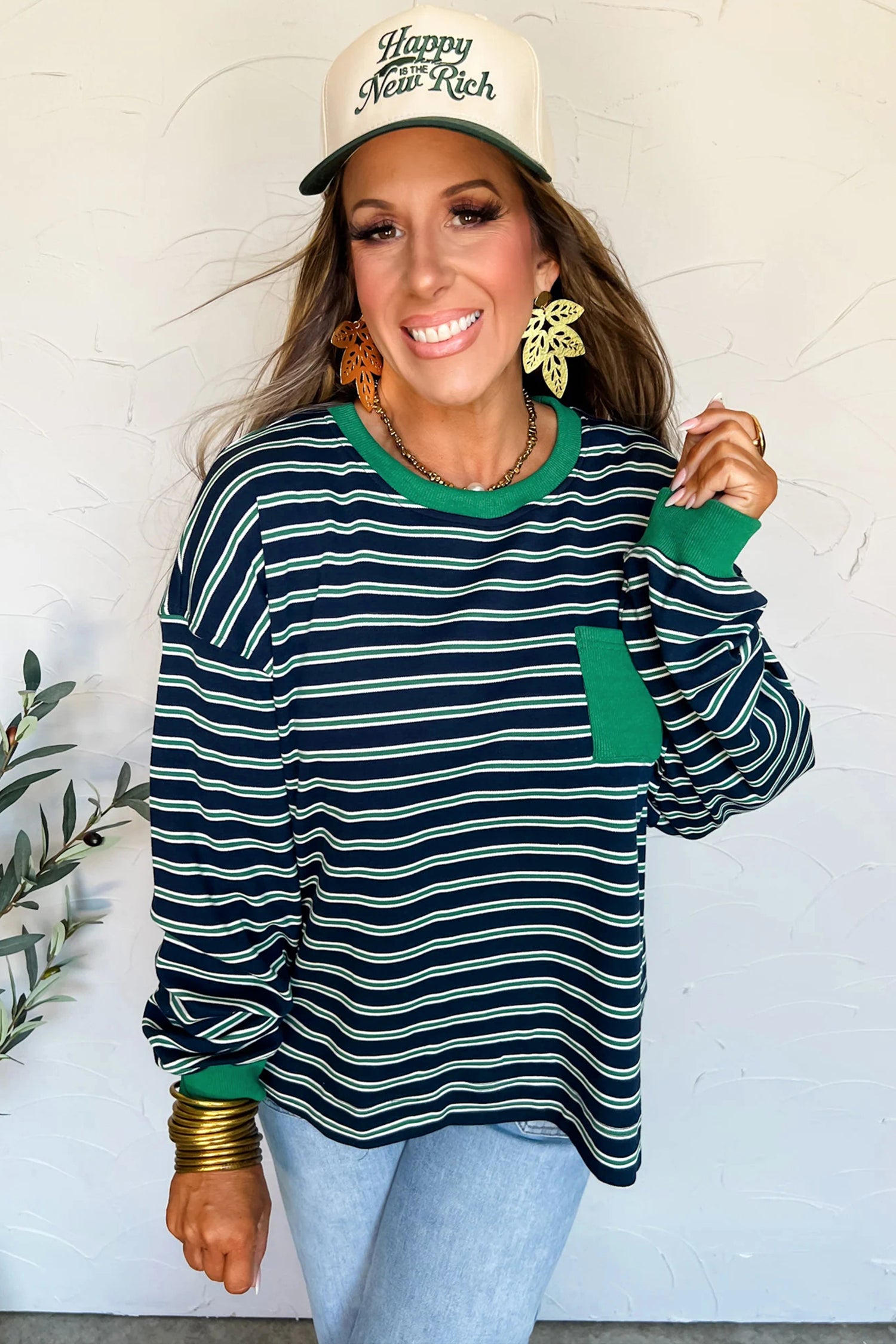 Green Stripe Ribbed Color Block Patchwork Crew Neck Patch Pocket Long Sleeve Top