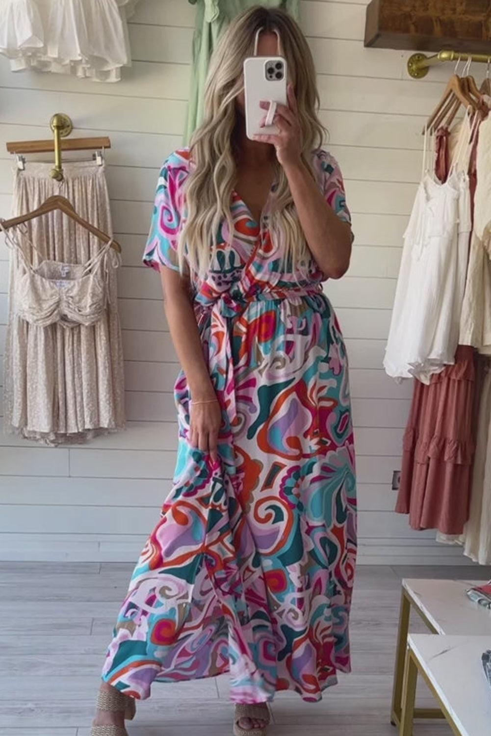 Multicolor Abstract Printed Wrap V Neck Belted Maxi Dress - L & M Kee, LLC